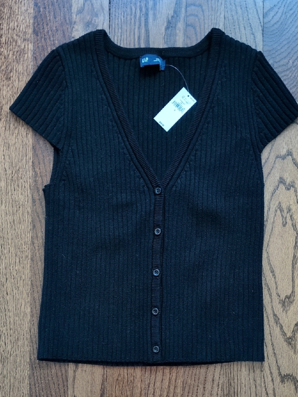 GAP Black Ribbed Short Sleeve Button-Up Sweater Top